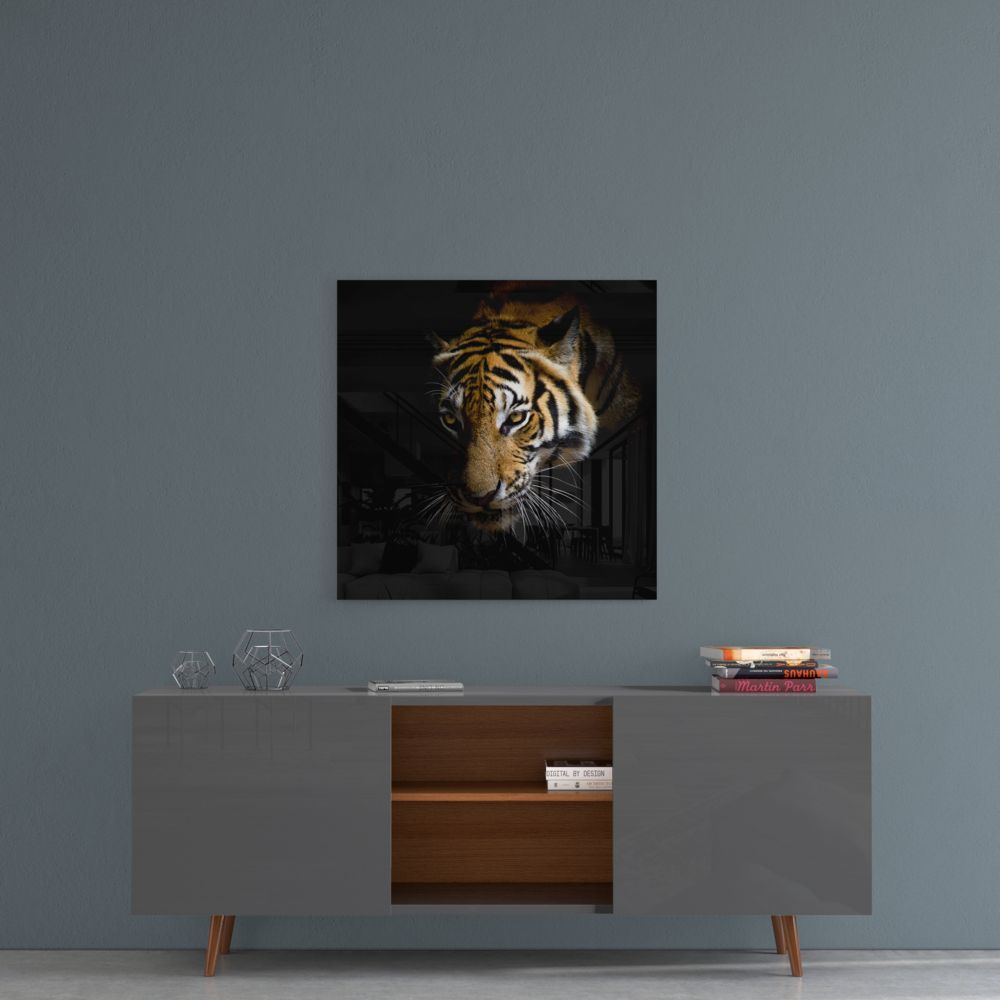 Golden Tiger Dark Backdrop Glass Wall Art
