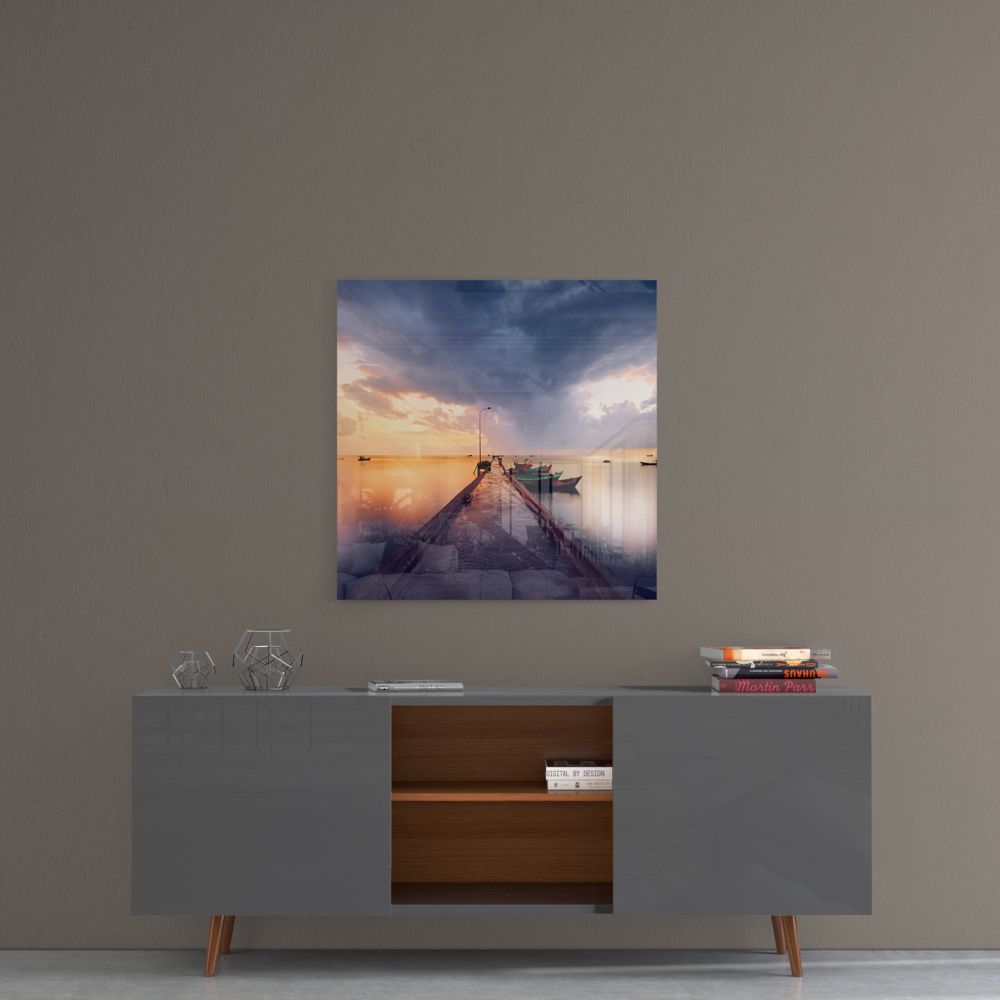 Sunset Jetty and Boats Dock Glass Wall Art