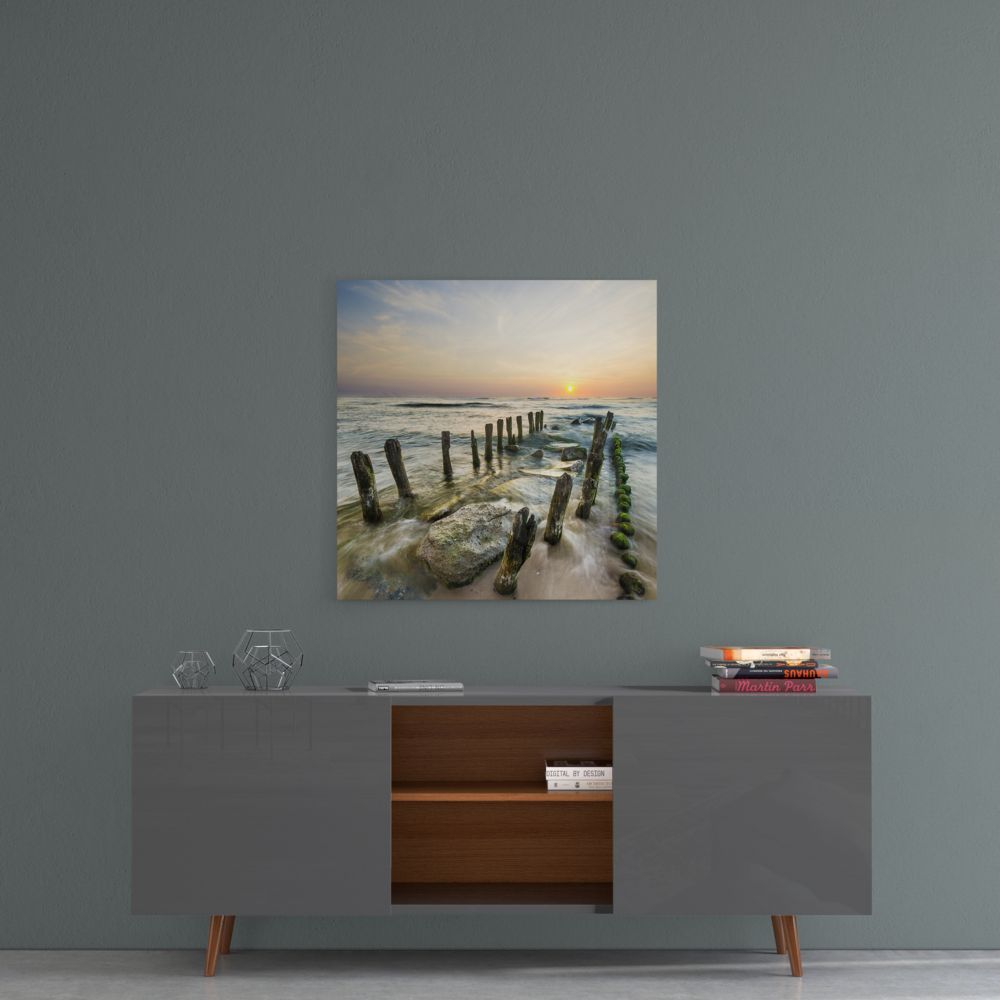 Mossy Sea Groynes Dock Glass Wall Art