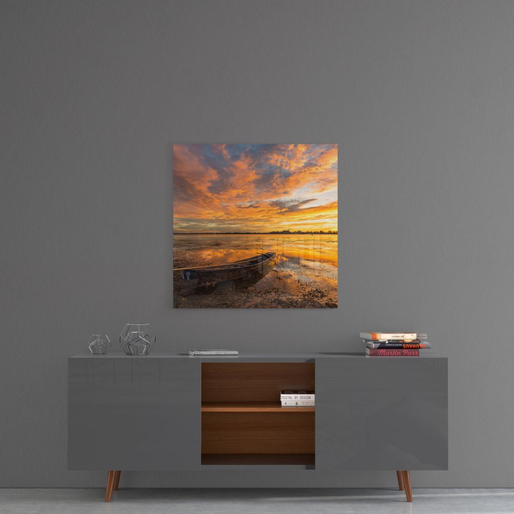 Blazing Sky Lakeside Boat Glass Wall Art