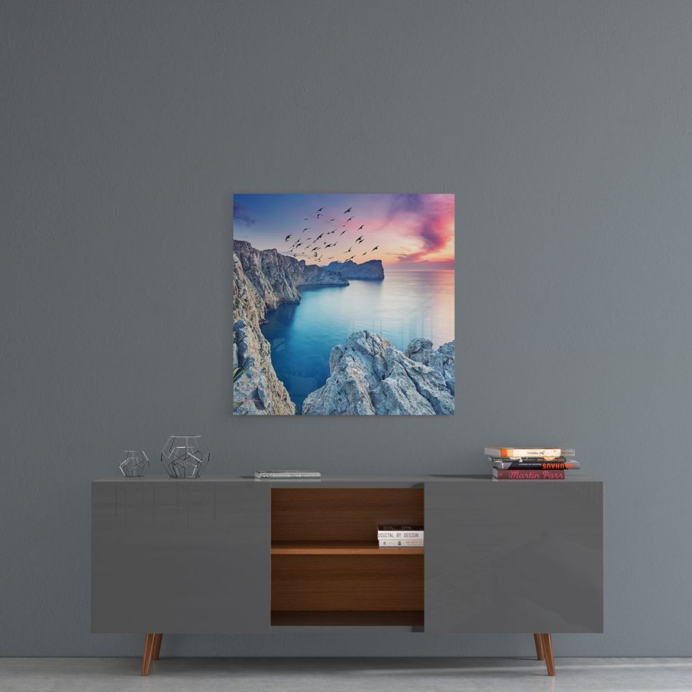 Rocky Cove Flying Birds Sunset Glass Wall Art