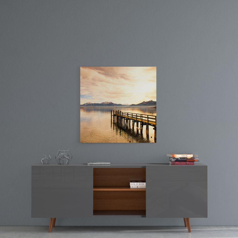 Golden Mountain Lake Dock Glass Wall Art