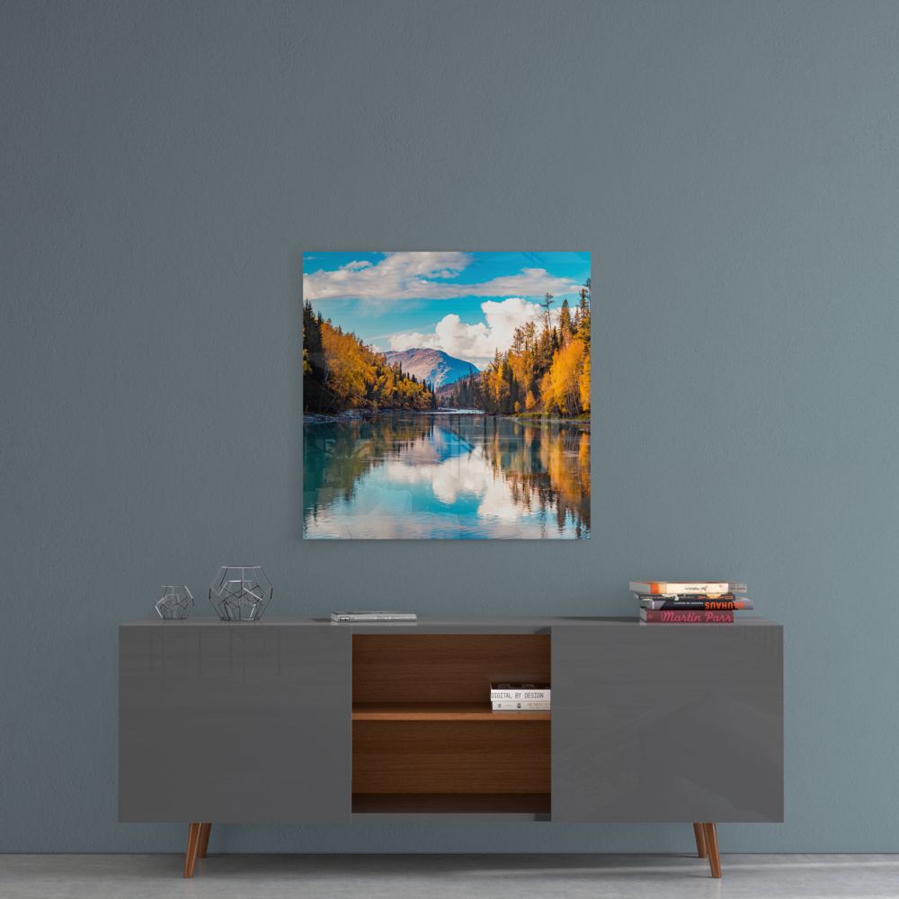 Turquoise Autumn River Valley Glass Wall Art