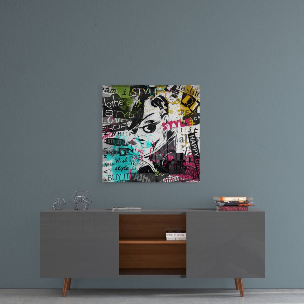 Colorful Magazine Collage Sunglasses Woman Glass Wall Art