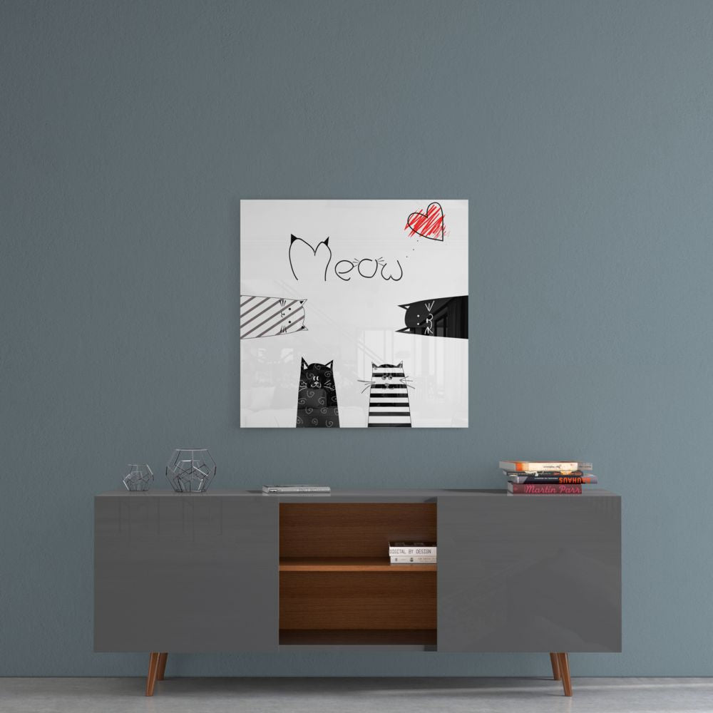 Red Heart Meow Peeking Cats Glass Wall Art