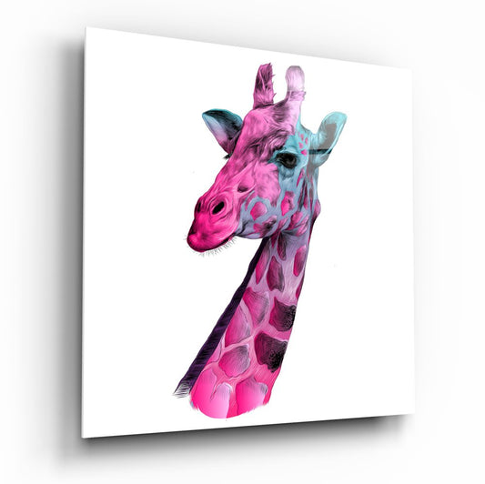 Colorful giraffe head in profile facing left, painted in bright pink, magenta, and turquoise tones on white background.