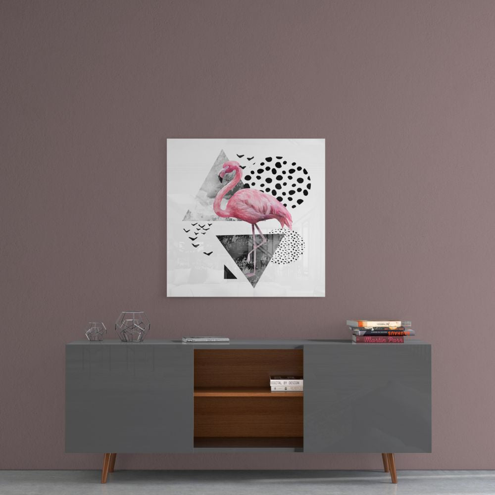 Pink Flamingo Geometric Shapes Glass Wall Art