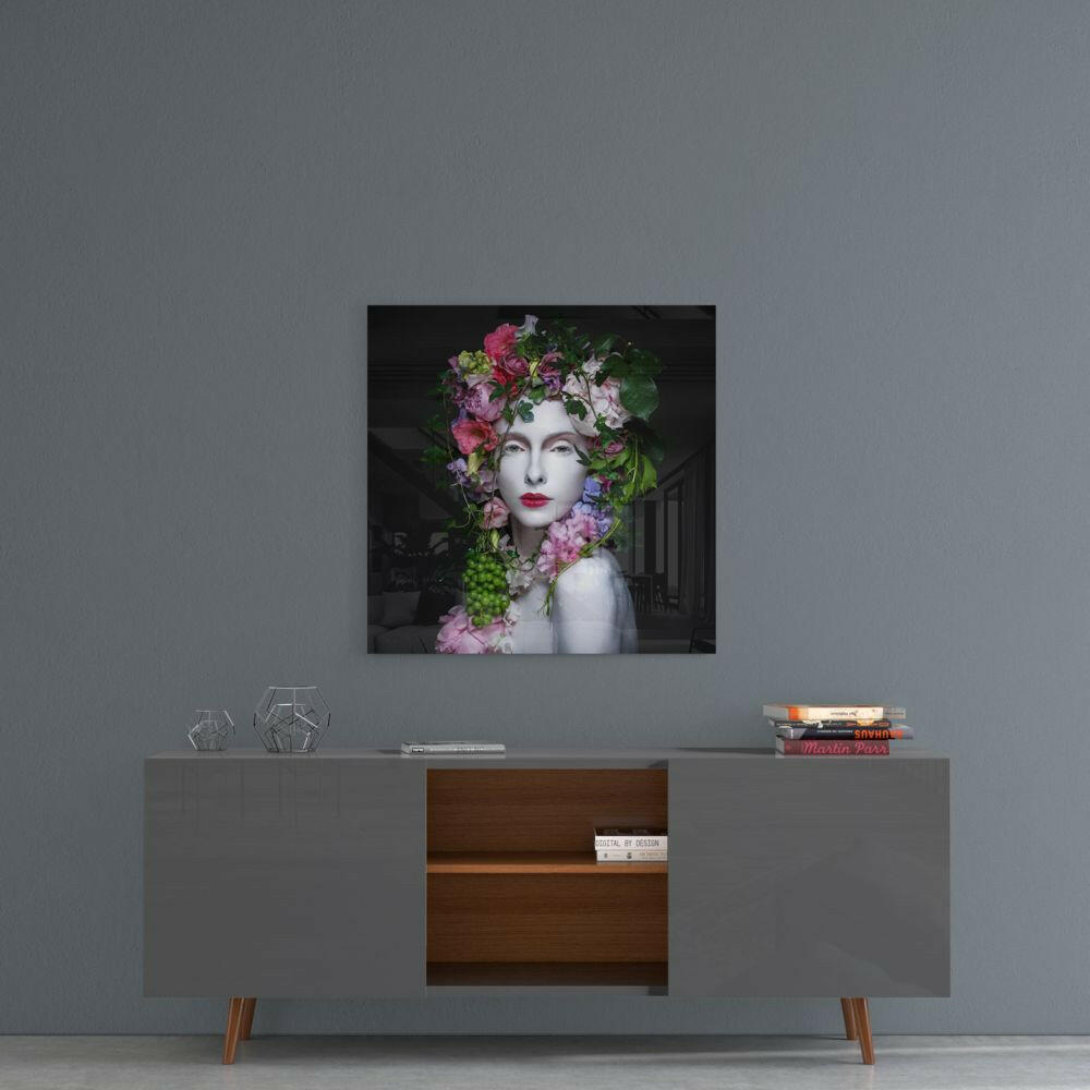 Flower Crown Porcelain Woman Glass Wall Art