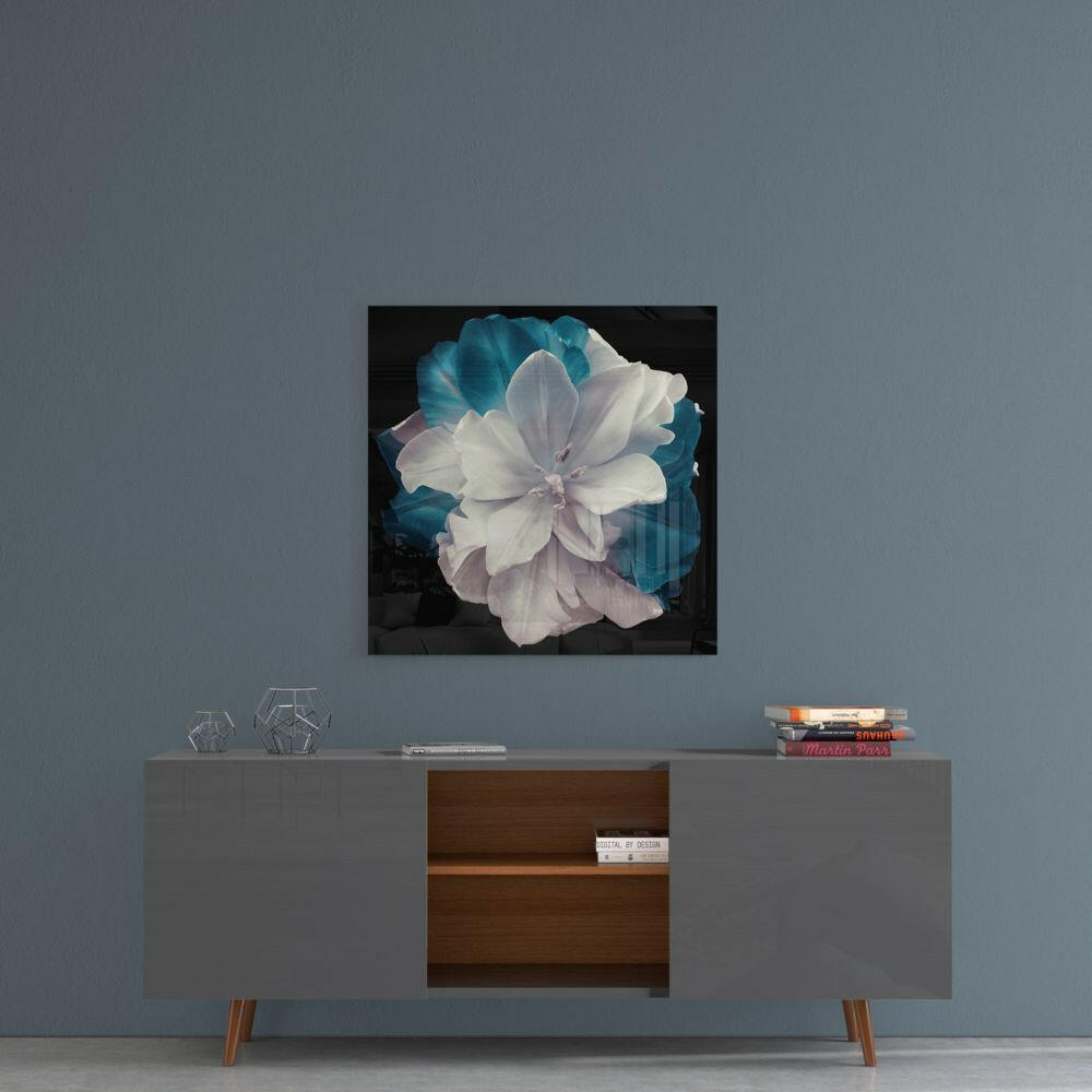 White And Teal Layered Tulip Floral Glass Wall Art