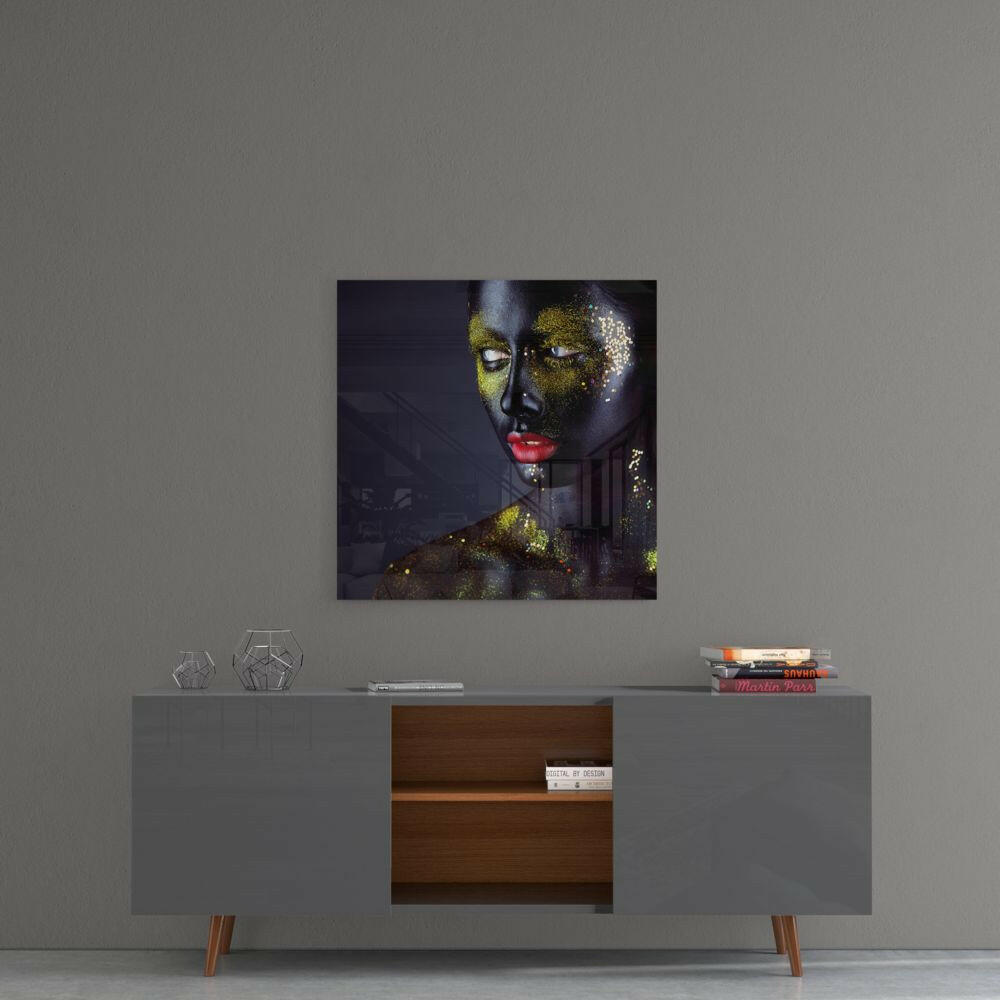 Gold Glitter Makeup Red Lips Glass Wall Art
