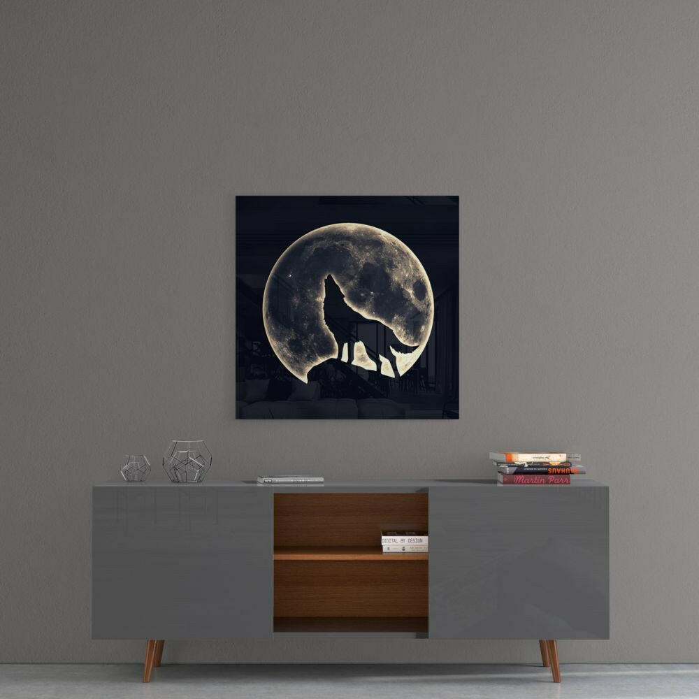 Howling Wolf Silhouette Full Moon Glass Wall Art
