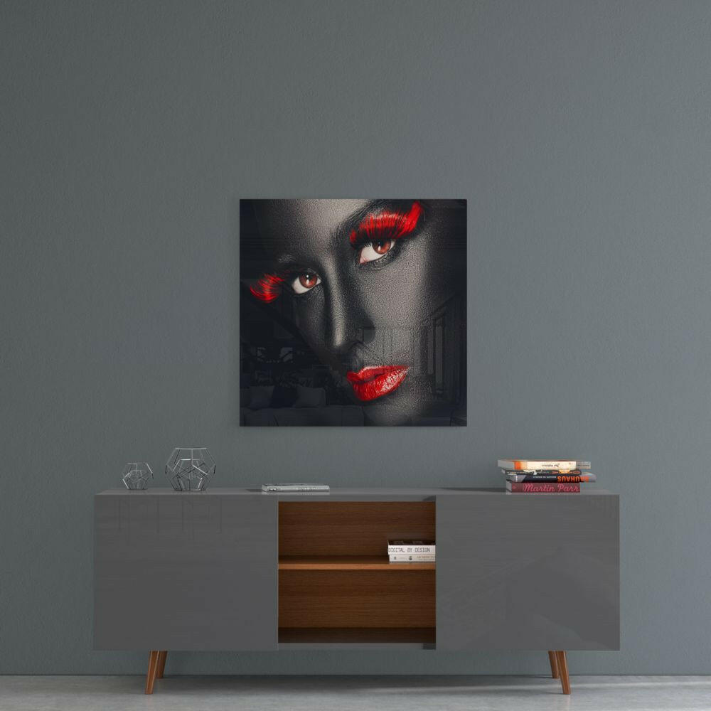 Red Lashes Dark Skin Woman Glass Wall Art