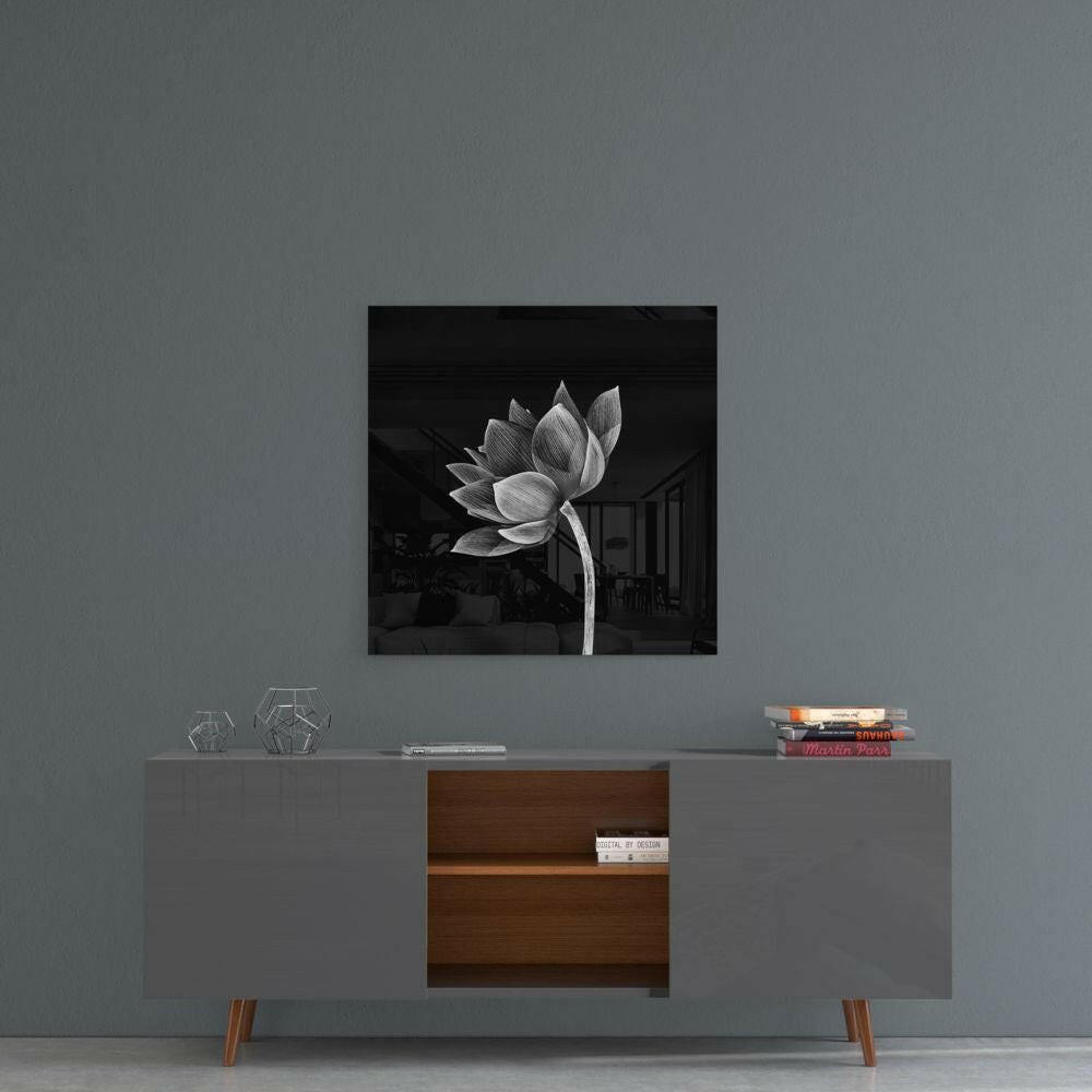 Black And White Tilted Lotus Floral Glass Wall Art
