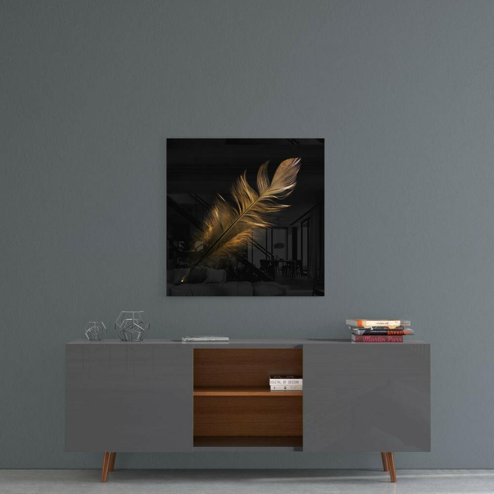 Golden Backlit Feather on Black Glass Wall Art