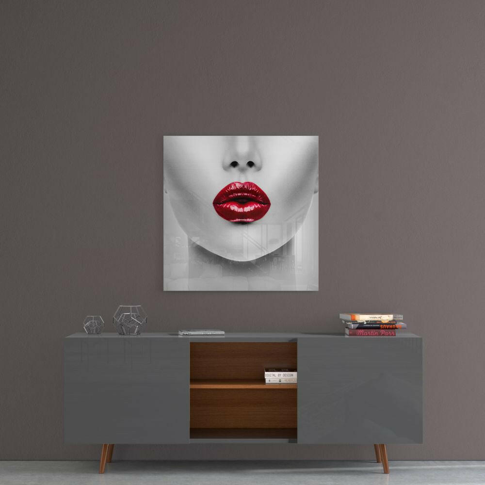 Glossy Red Lips Pale Face Glass Wall Art