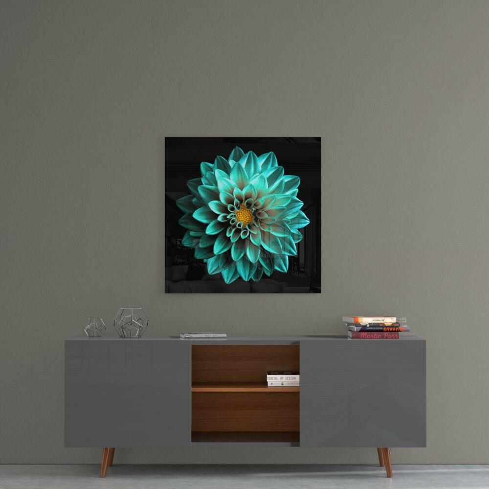 Aqua Dahlia With Gold Center Glass Wall Art