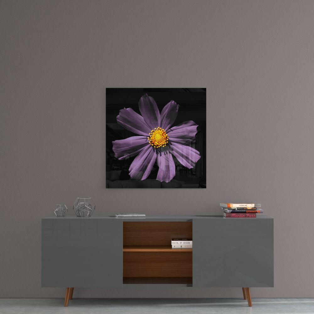 Yellow Centered Purple Cosmos Flower Glass Wall Art
