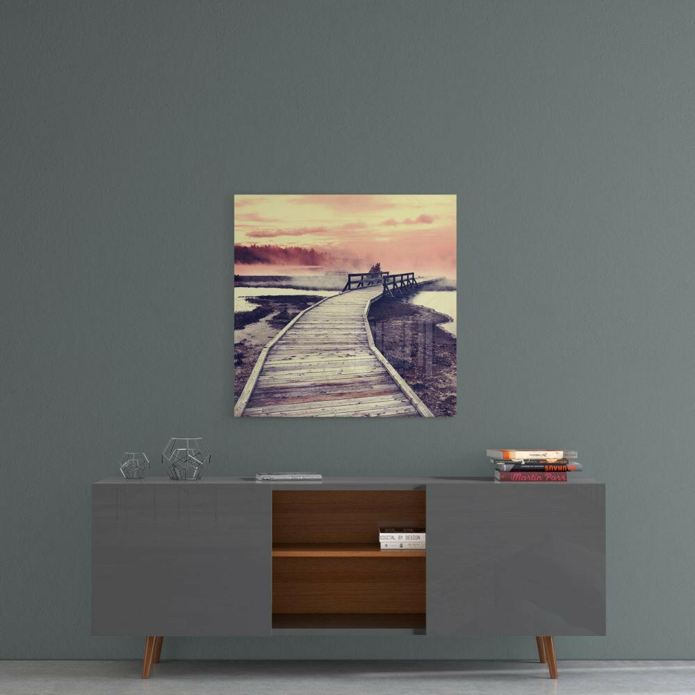 Pink Sunrise Wooden Boardwalk Glass Wall Art