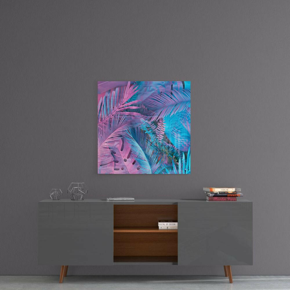 Neon Pink And Blue Palm Tropical Leaves Glass Wall Art