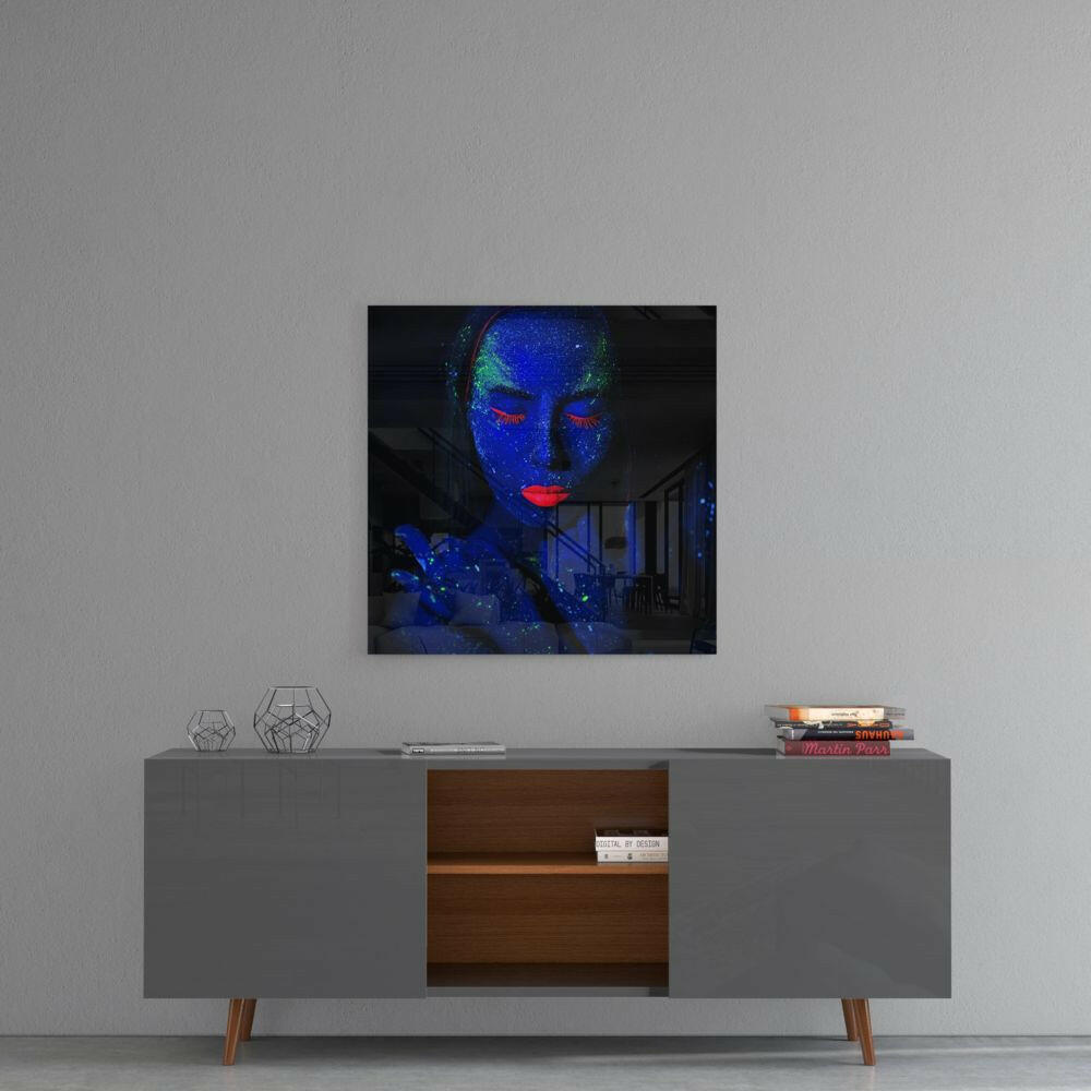 Blue UV Body Paint Woman Glass Wall Art