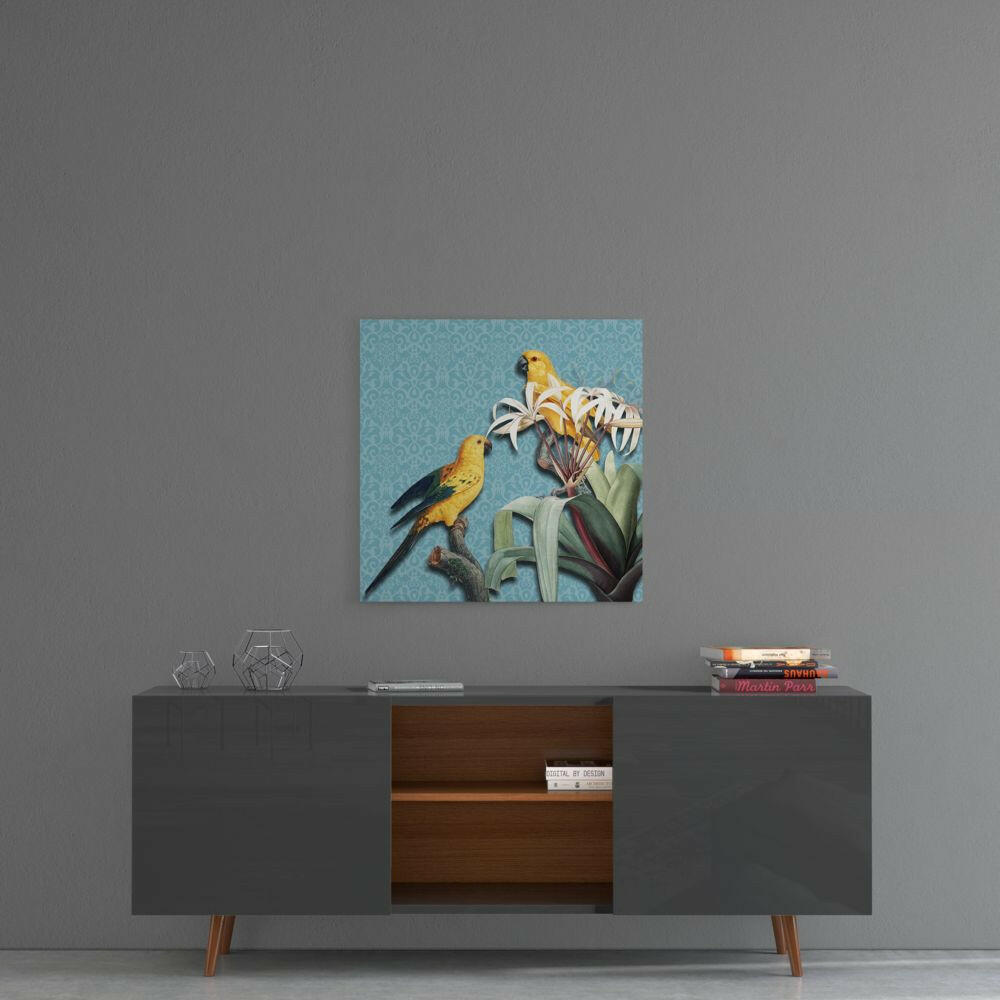 Yellow Parrots Blue Damask Glass Wall Art
