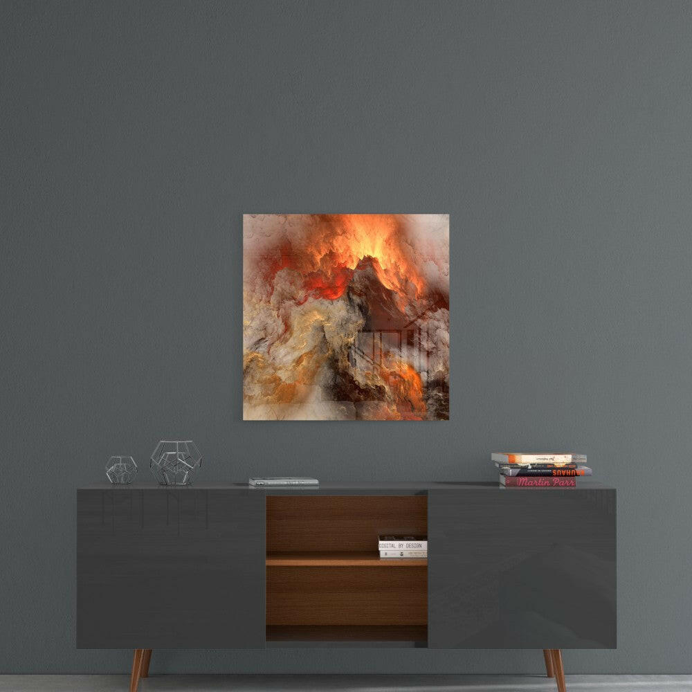 Abstract glass wall art with swirling orange, red, and cream flames displayed above mid-century modern console table.