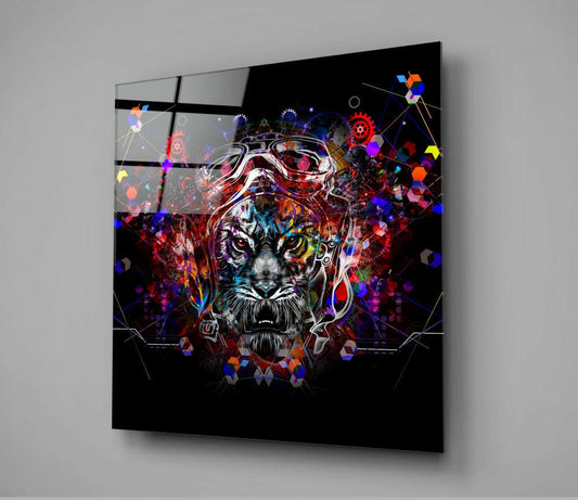 Angled perspective view of glass wall art displaying a tiger wearing aviator goggles surrounded by colorful geometric shapes and circuit elements on black background.