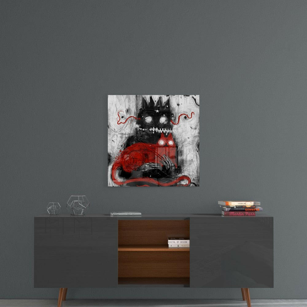 Black and red monster character artwork displayed on gray wall above mid-century modern console table with wooden drawers.