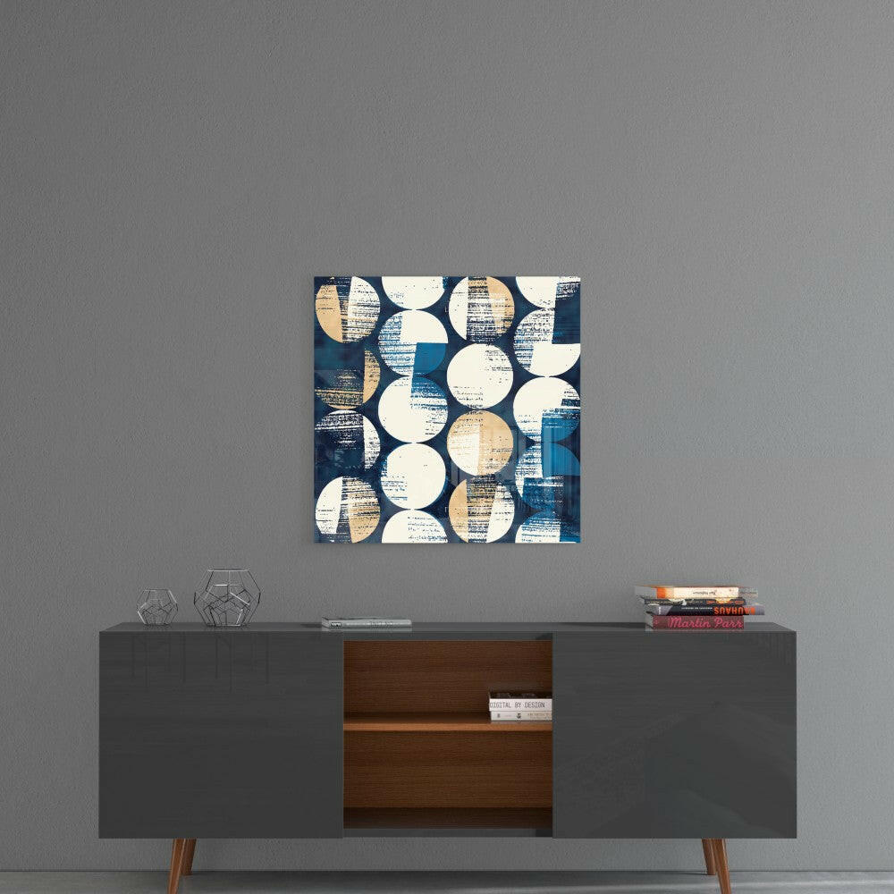Navy Cream Circles Grid Pattern Glass Wall Art