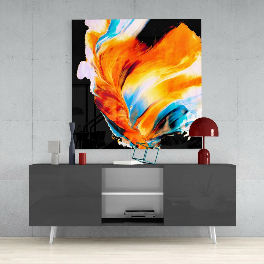 Orange Blue Flowing Paint Glass Wall Art