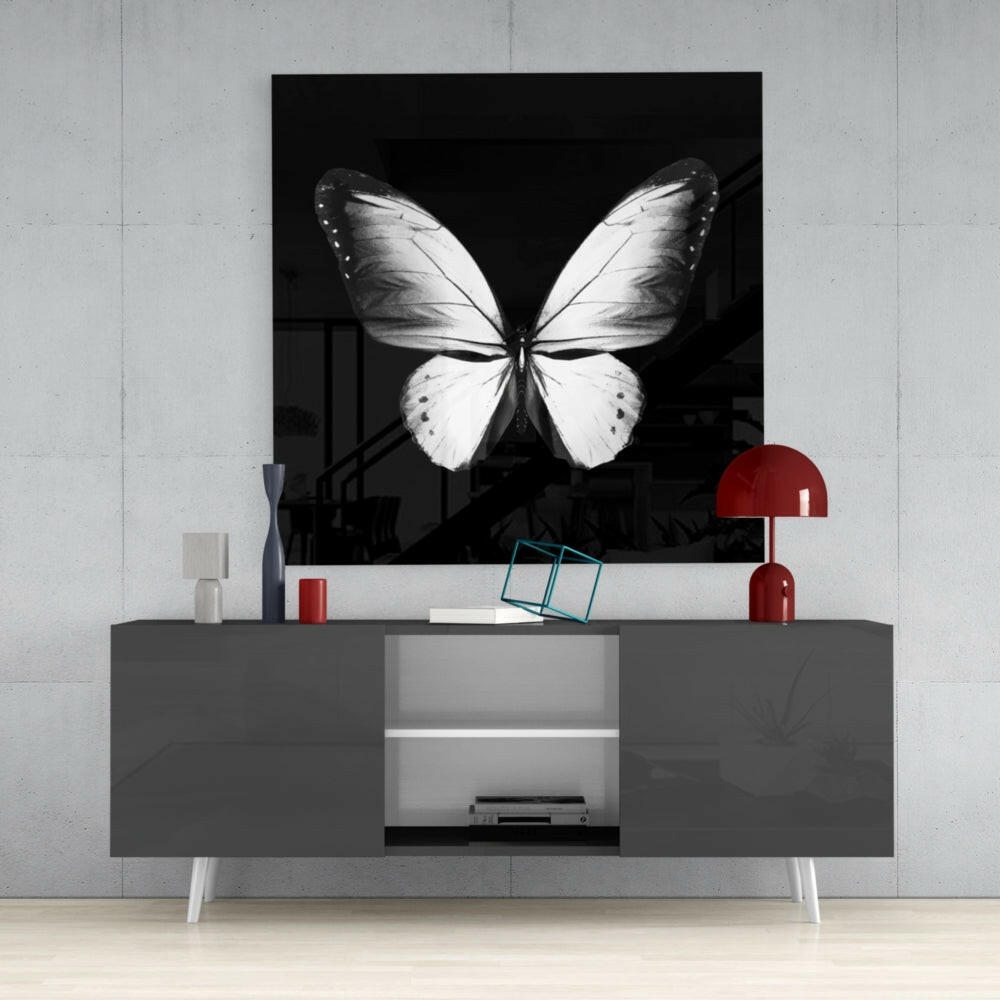 White Wings On Black Butterfly Glass Wall Art