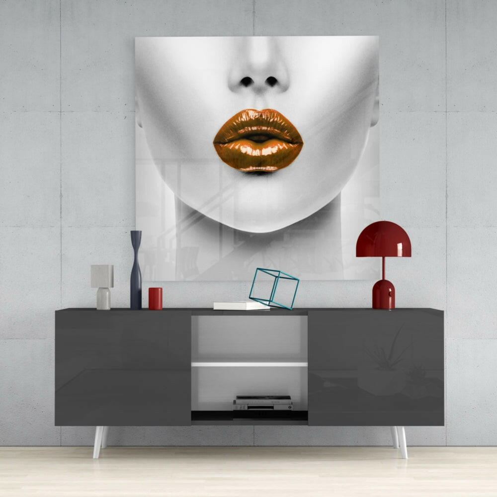 Copper Orange Glossy Lips Glass Wall Art