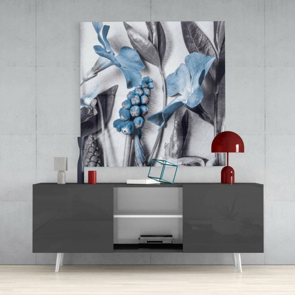 Blue Blooms On Grey Botanical Glass Wall Art