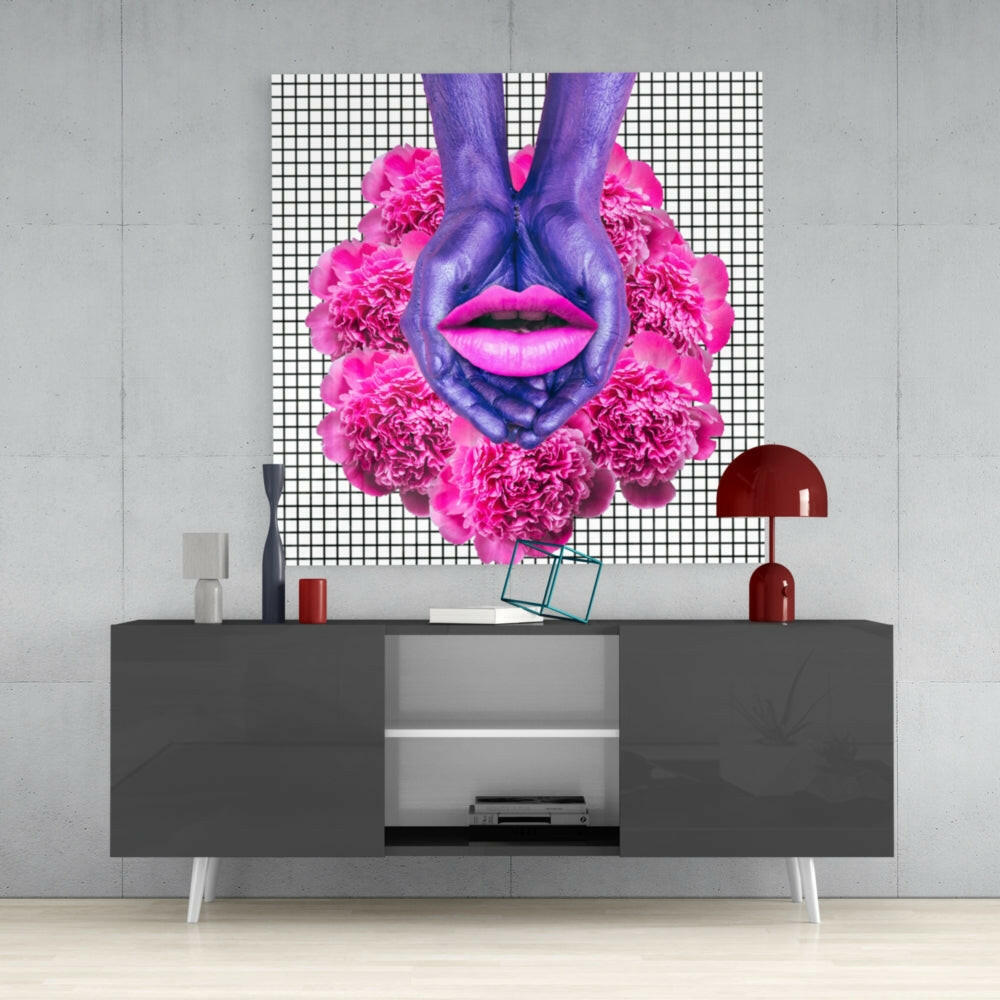 Purple Hands Pink Lips Carnations Glass Wall Art