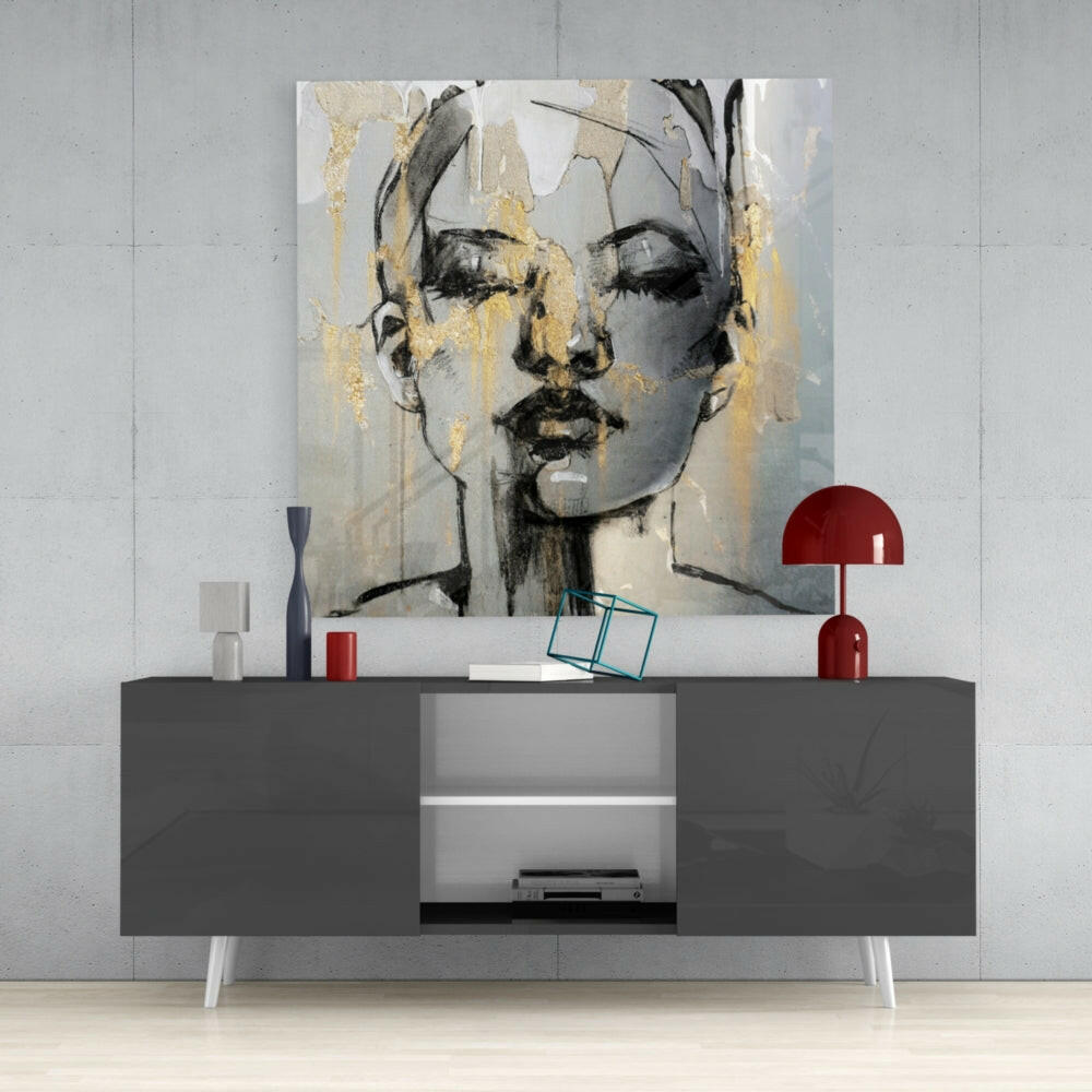 Gold Leaf Sketch Face Glass Wall Art