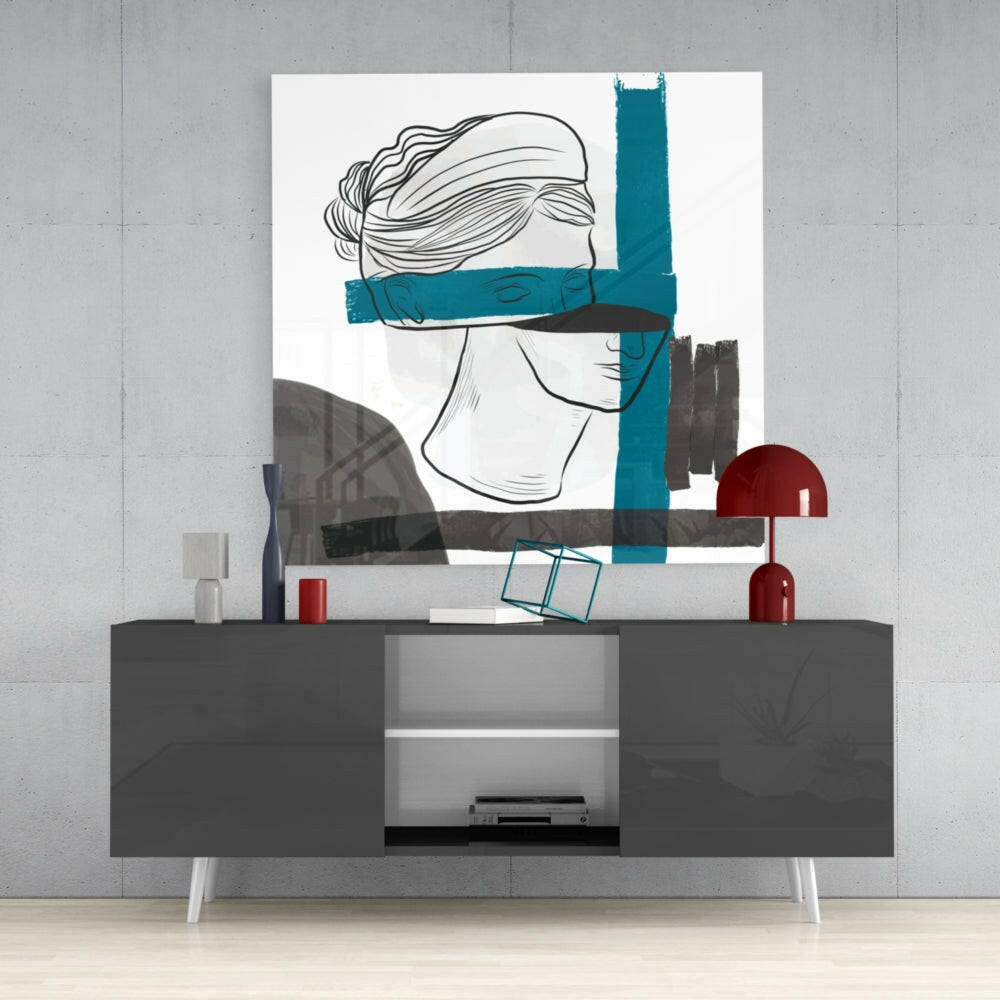 Blindfolded Statue Line Art Glass Wall Art