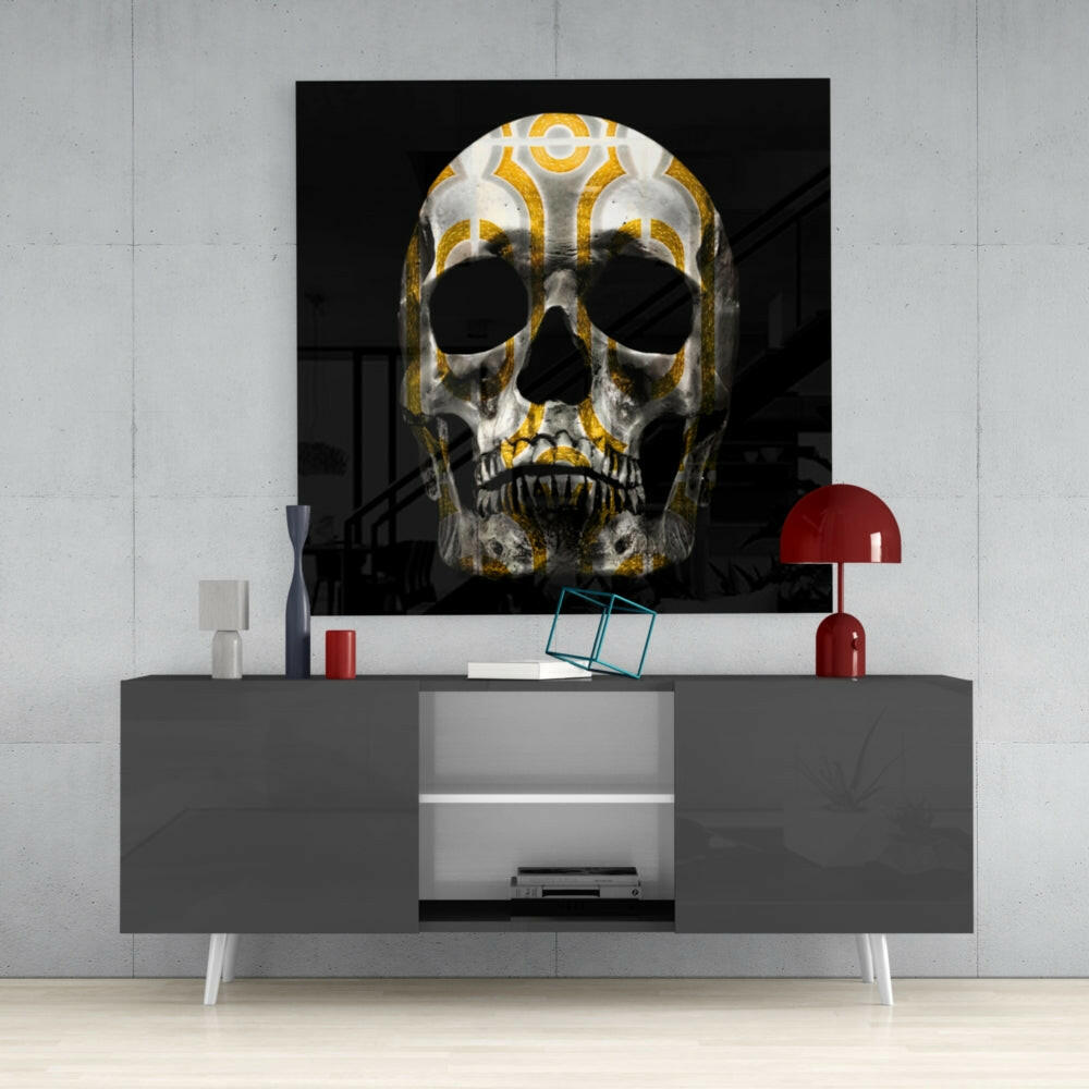 Gold Filigree White Skull Glass Wall Art