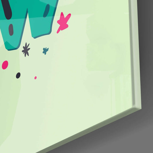 Close-up angled view of turquoise and pink decorative design on pale green glass panel with white edge visible.