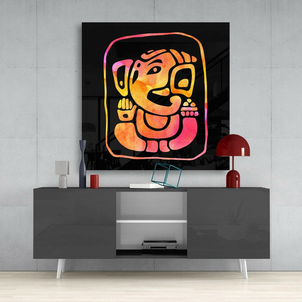 Coral Watercolor Line Art Ganesha Glass Wall Art