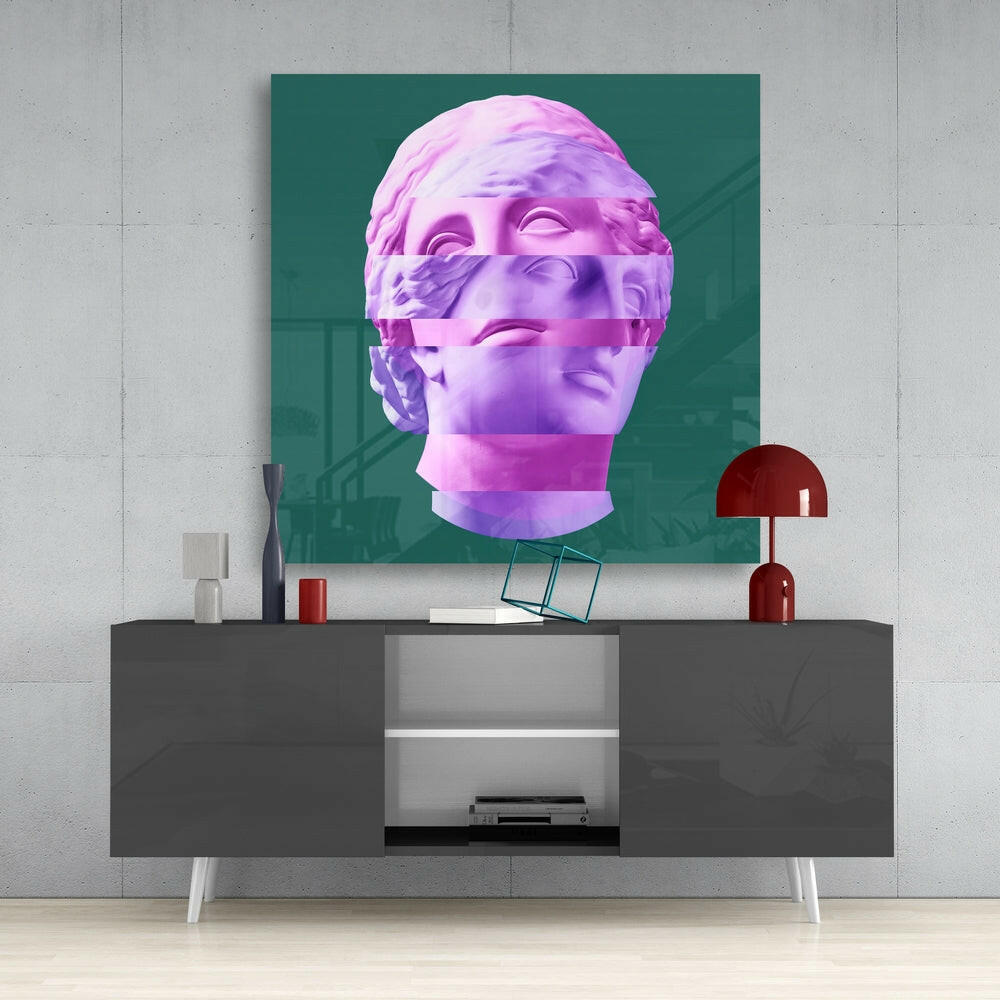 Peach Dots Blue Statue Glass Wall Art