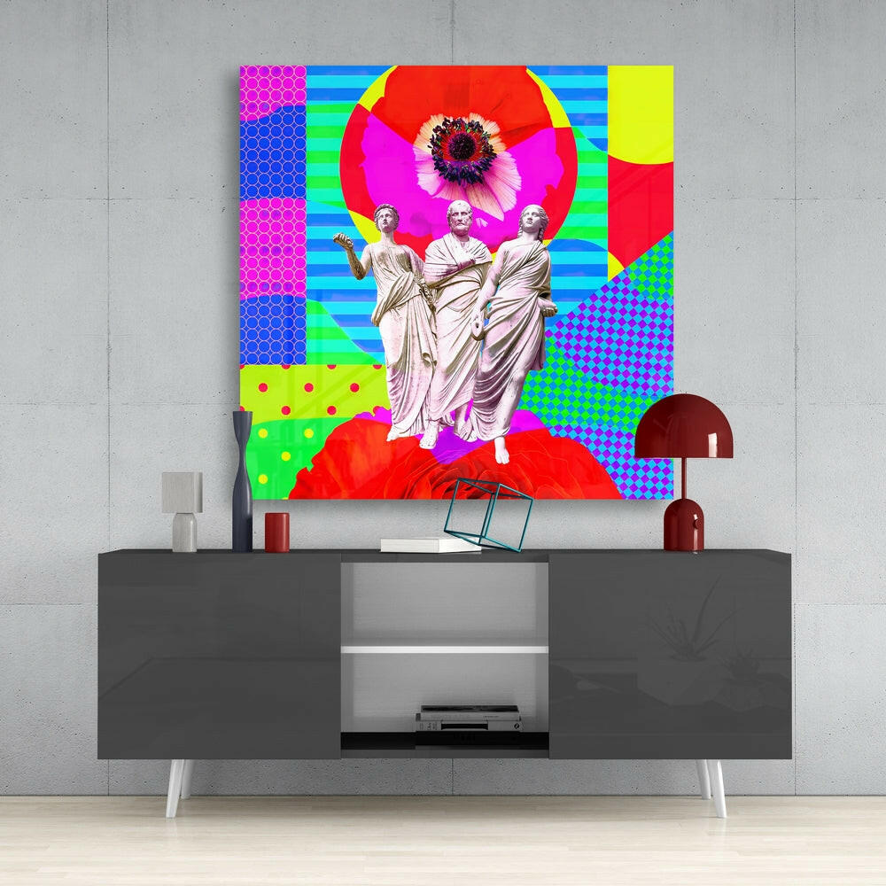 Neon Pop Three Statues Glass Wall Art