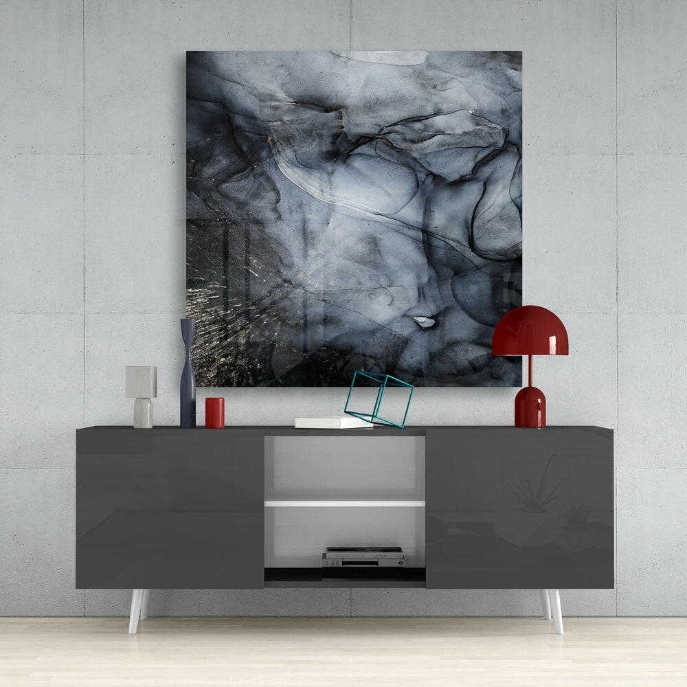 Smoky Black Ink Wave Glass Wall Art