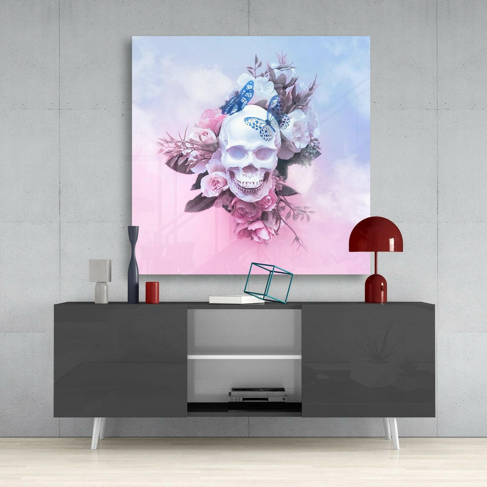 Blue Butterfly Skull Rose Clouds Glass Wall Art