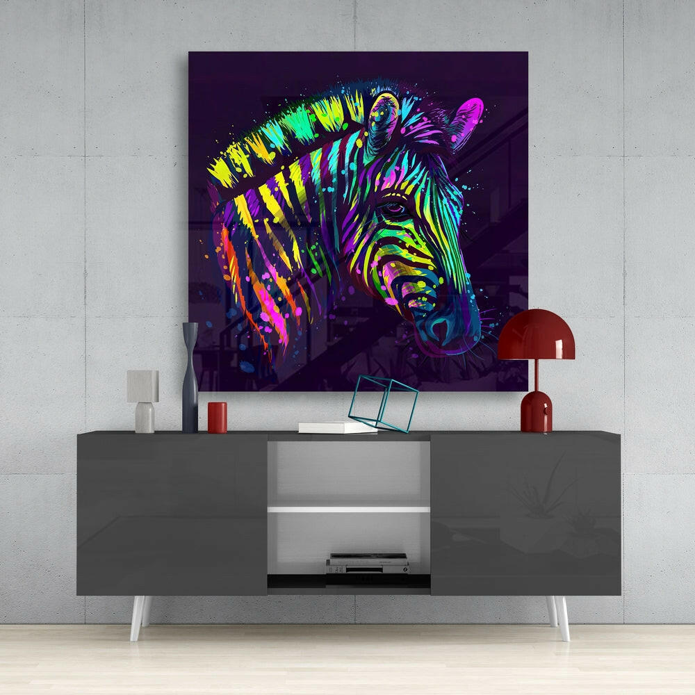 Neon Splash Zebra Purple Glass Wall Art