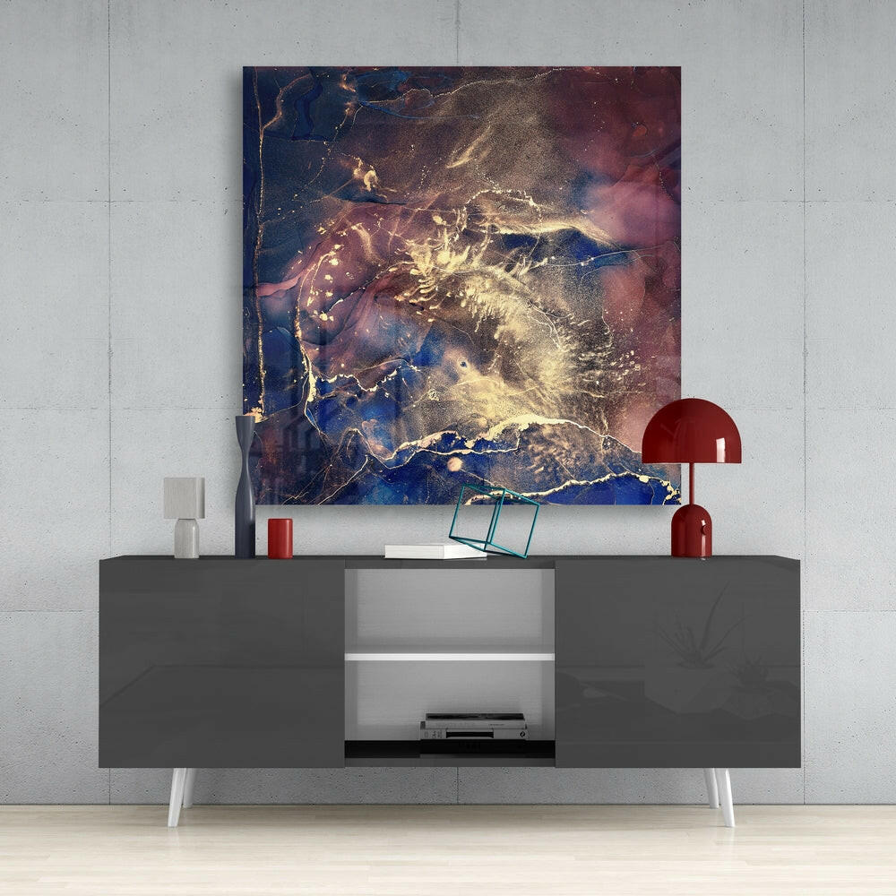 Navy and Gold Ink Burst Glass Wall Art
