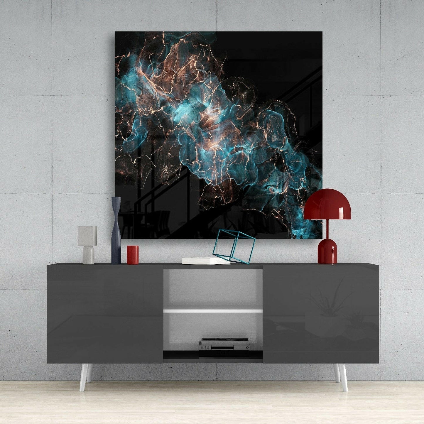 Teal Copper Smoke Marble Glass Wall Art