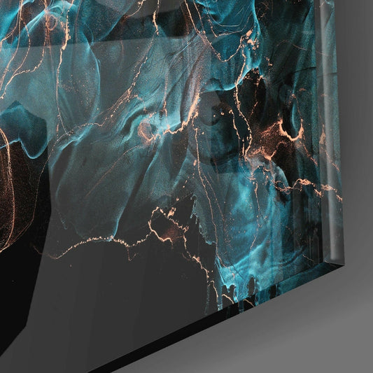Angled side view of teal and copper marble glass wall art panel showing swirling fluid patterns with metallic veining against dark background.