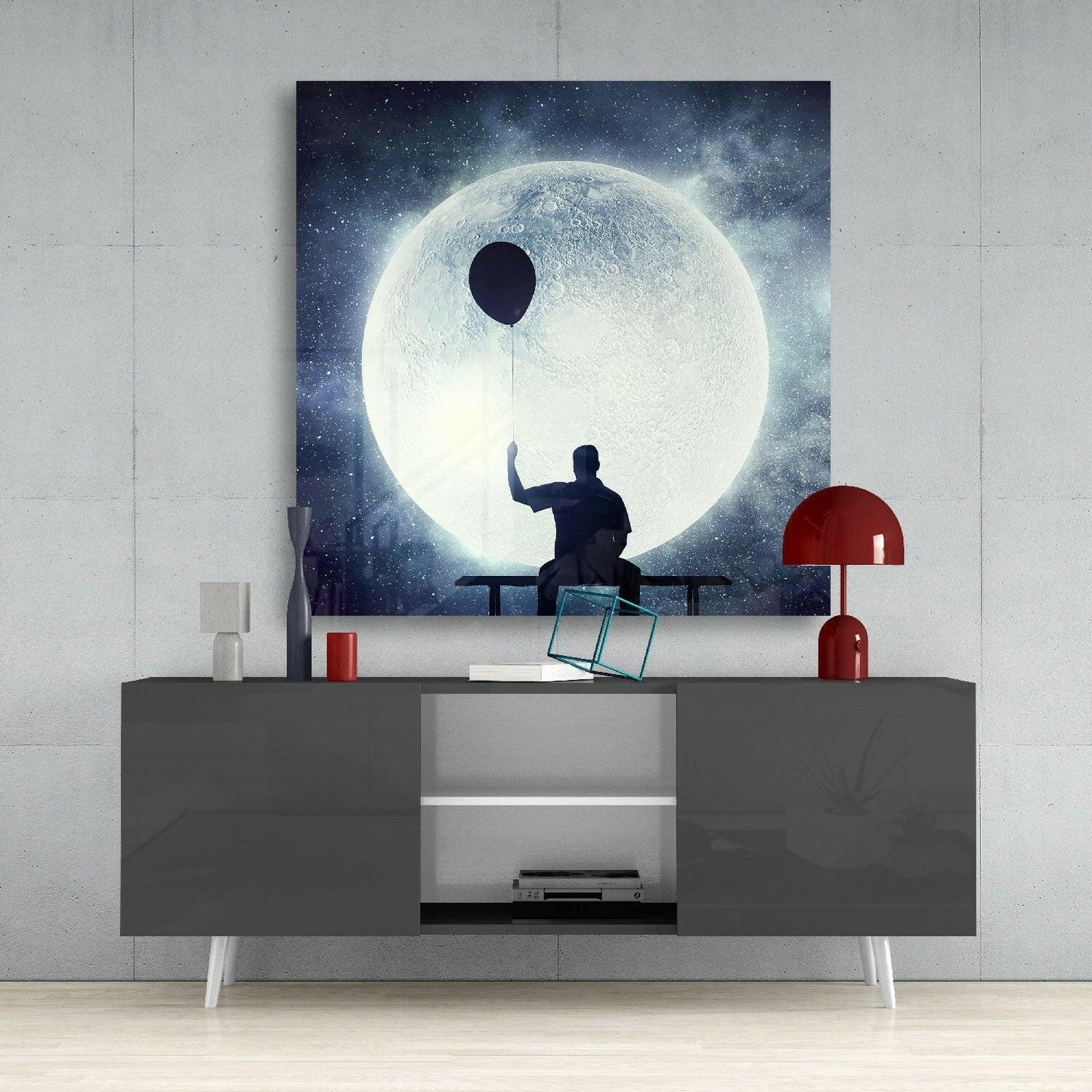 Man on Bench Holding Balloon Moon Glass Wall Art