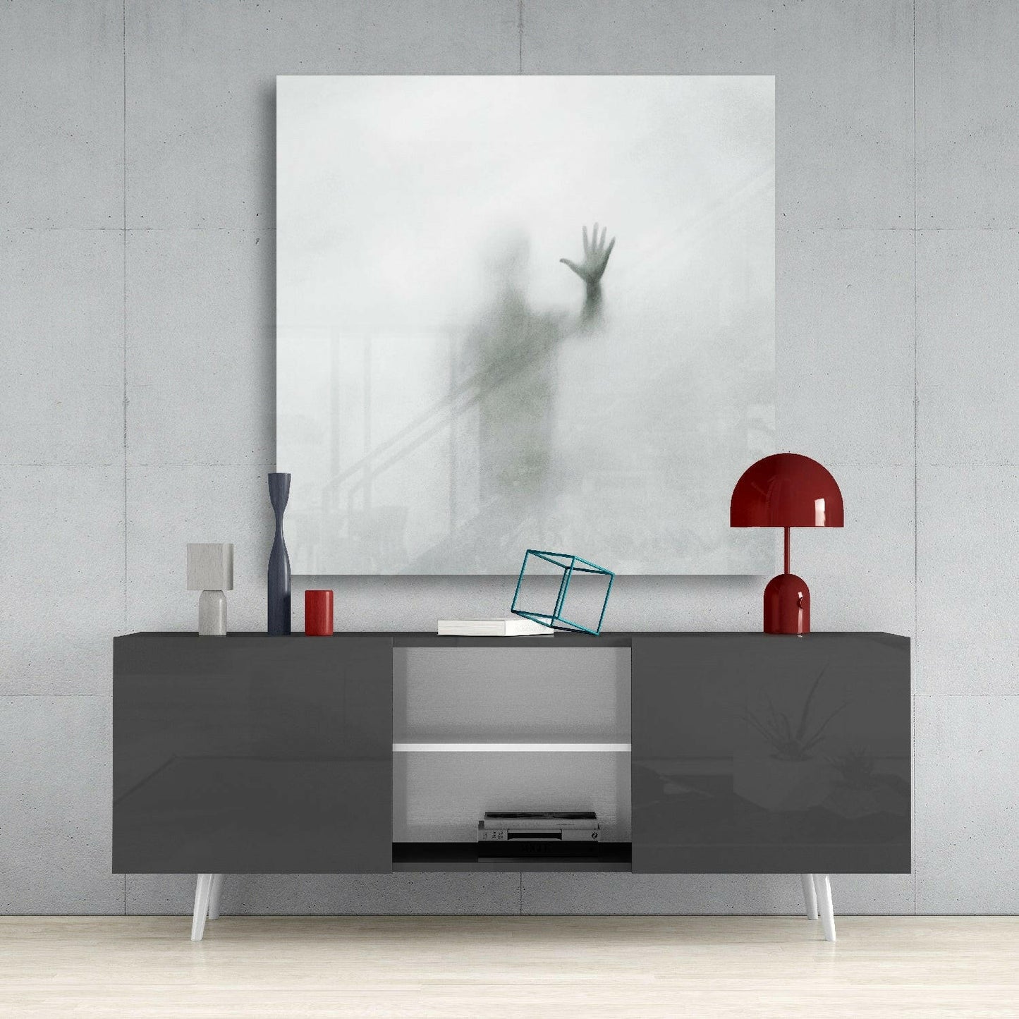 Hand Behind Misty Fog Silhouette Glass Wall Art