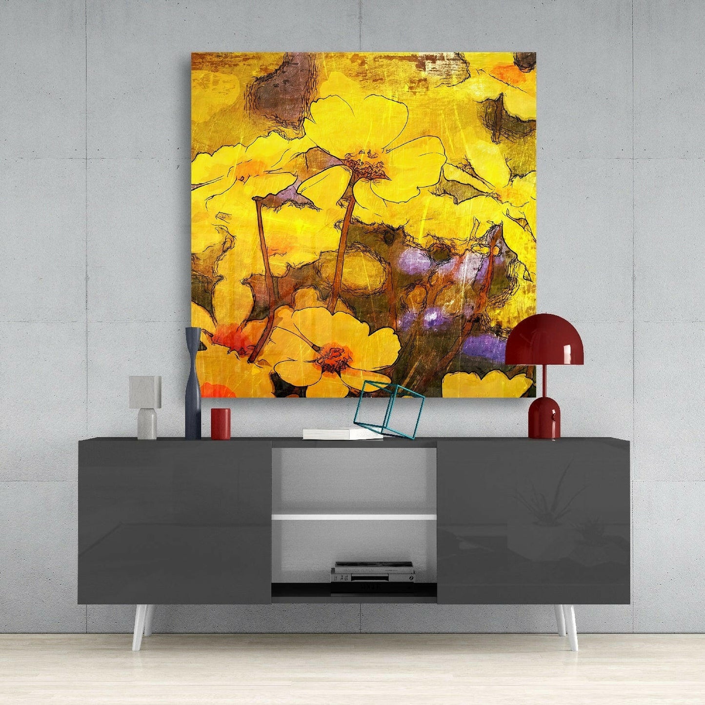 Golden Yellow Poppy Sketch Glass Wall Art